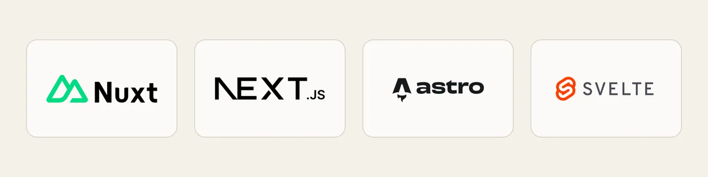 Официальные логотипы Nuxt, Next.js, Astro и Svelte