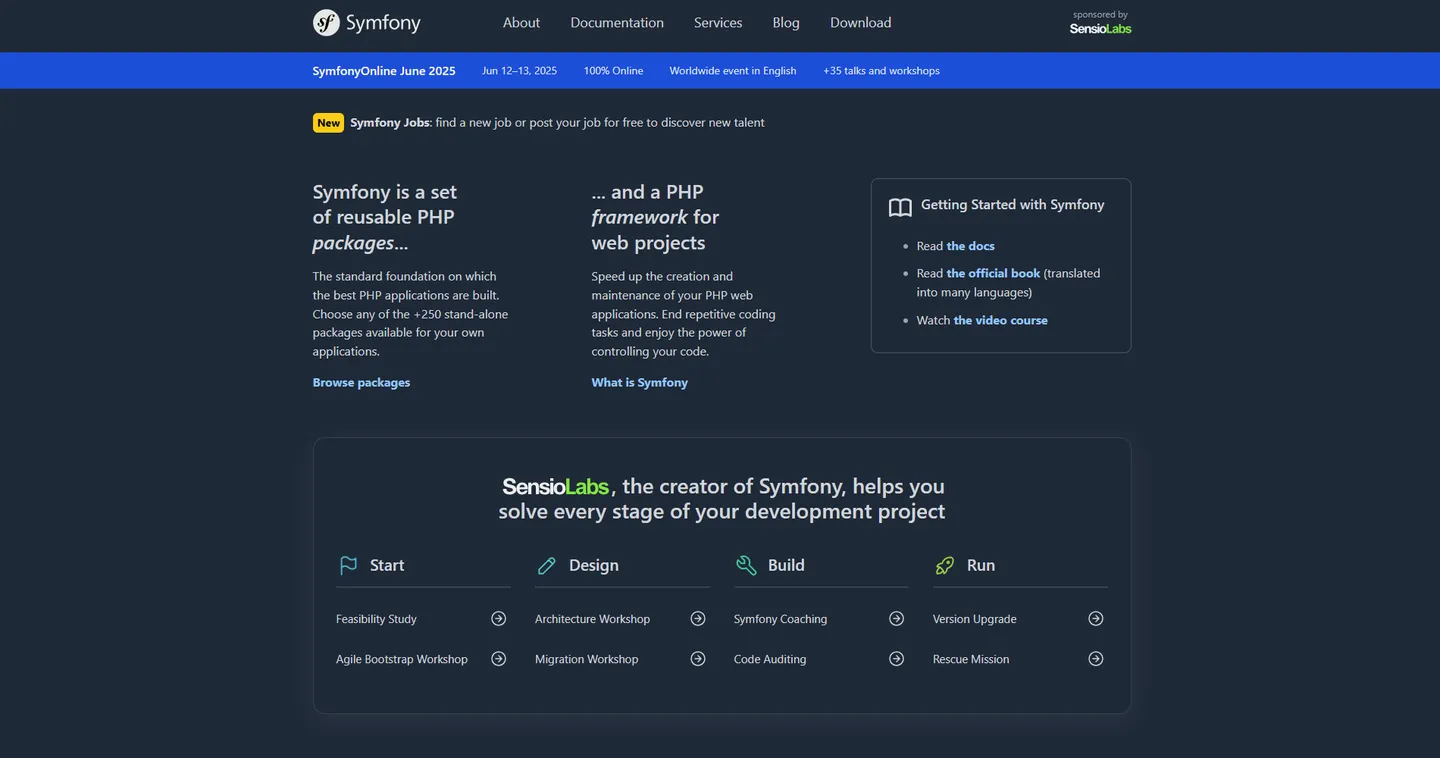 Главная страница официального сайта фреймворка Symfony