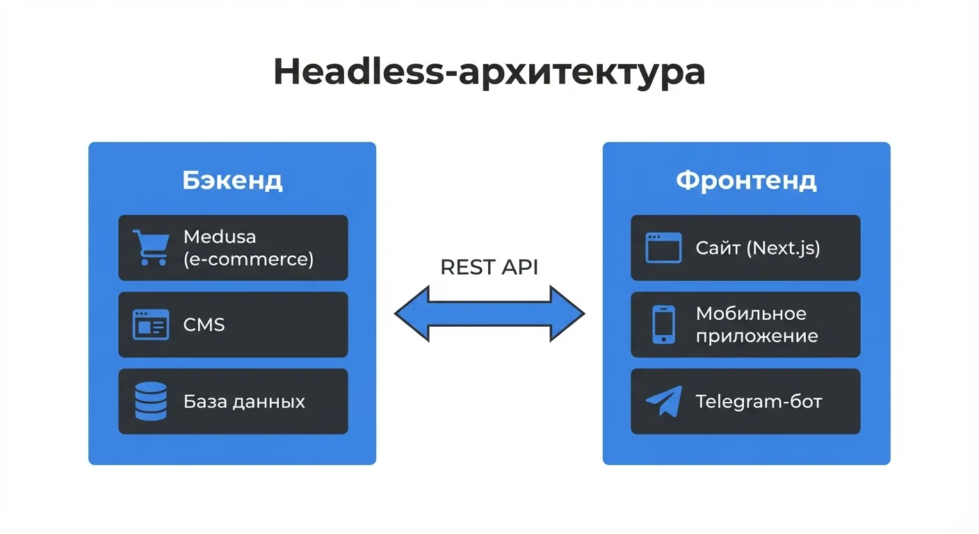 Схема headless-архитектуры: бэкенд, API, фронтенд